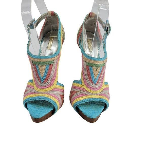 Report Signature Stiletto Heels 8 Pastel Rainbow Stripped Vegan Raffia Wood Heel - Picture 3 of 13